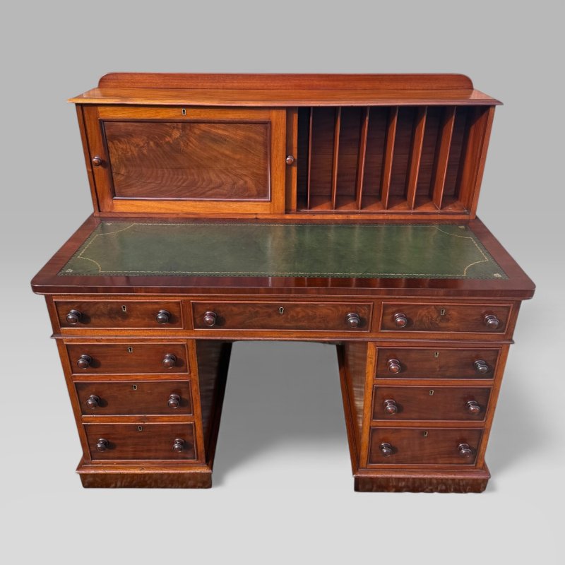 Antique Victorian Mahogany Pedestal Desk – 9 Drawers, Tooled Leather & Cupboard - Image 3